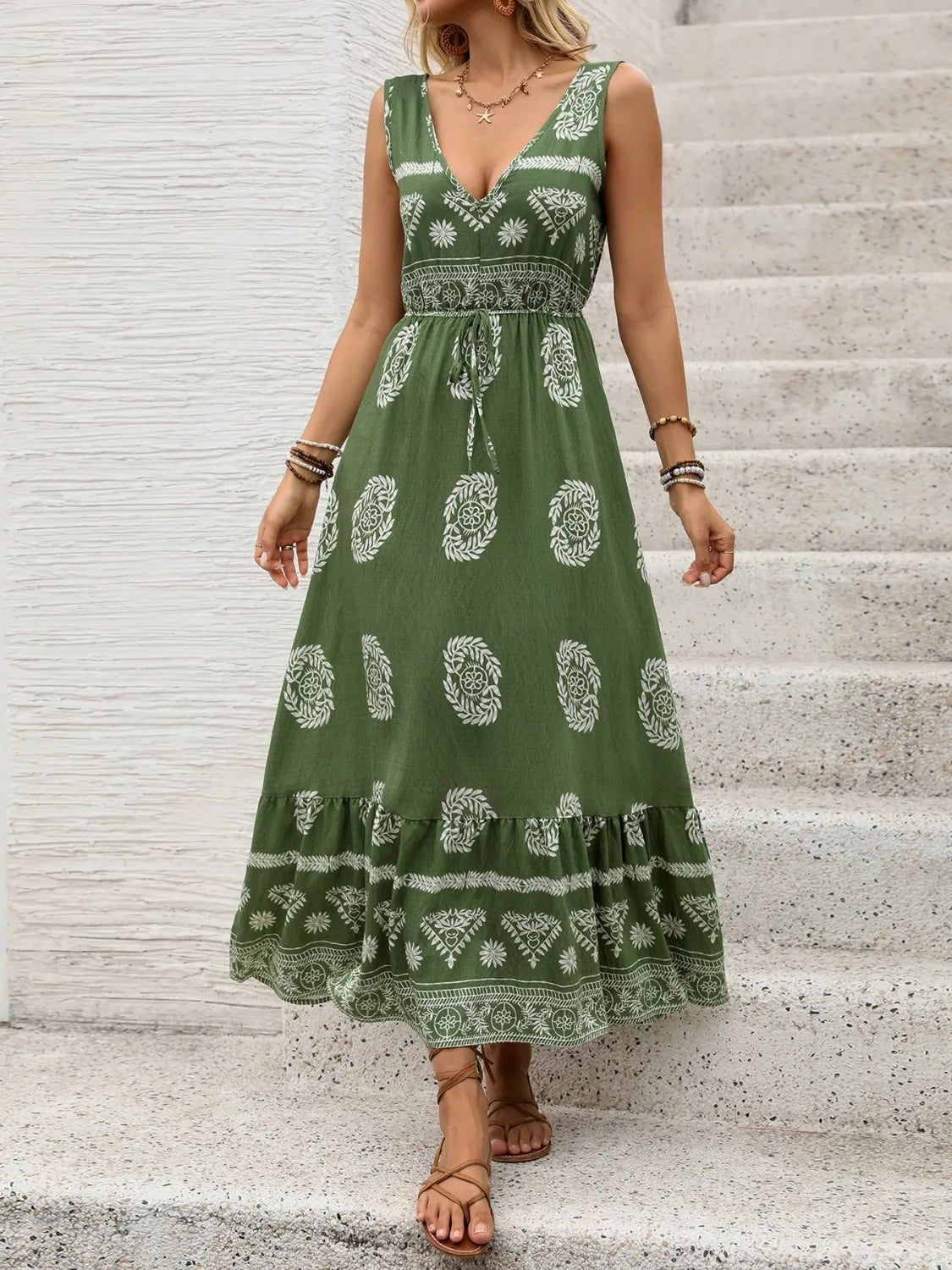 Printed V-Neck Sleeveless Dress - Salty Season LLC
