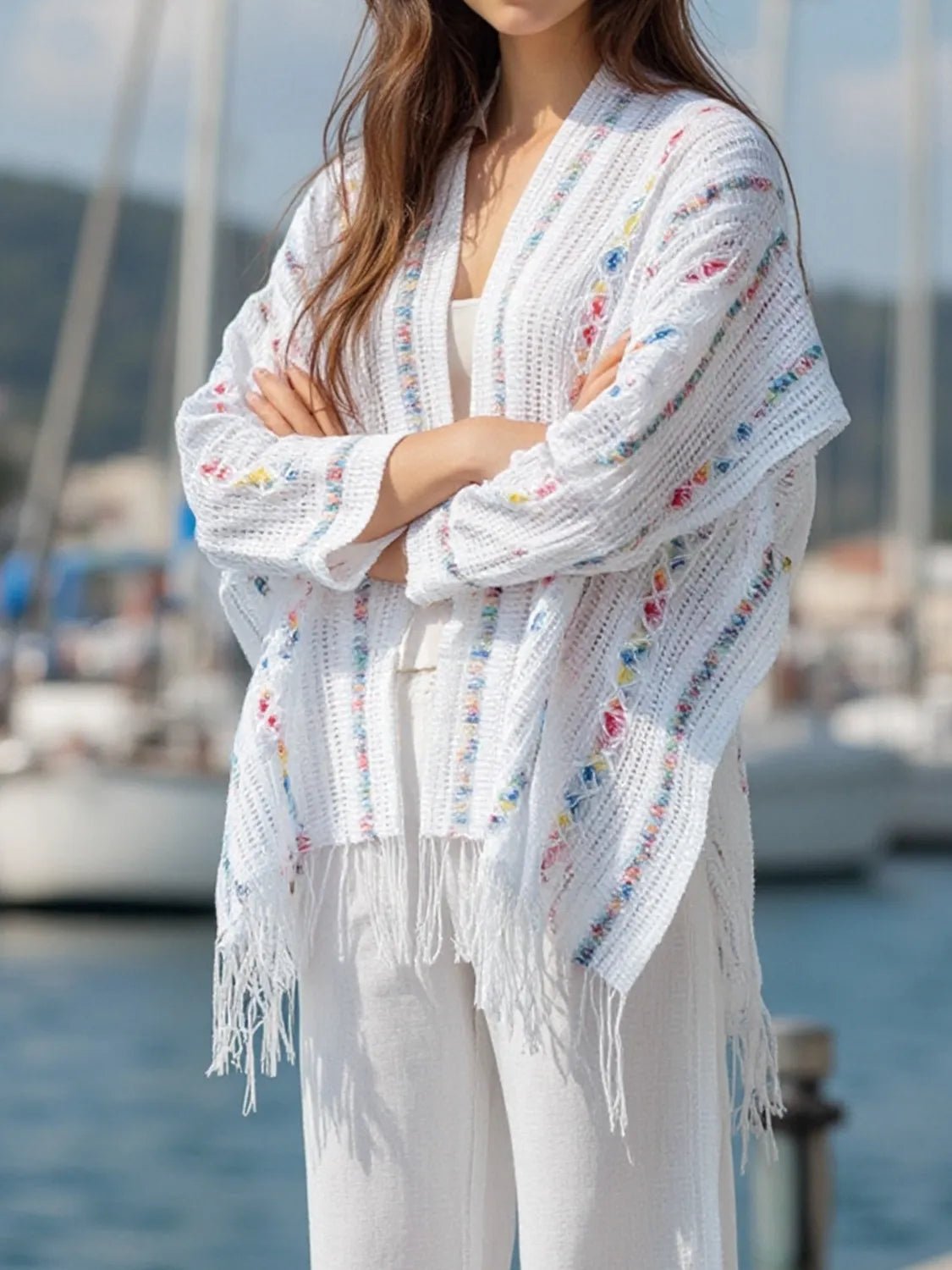 Openwork Fringe Open Front Knit Cape - Salty Season LLC