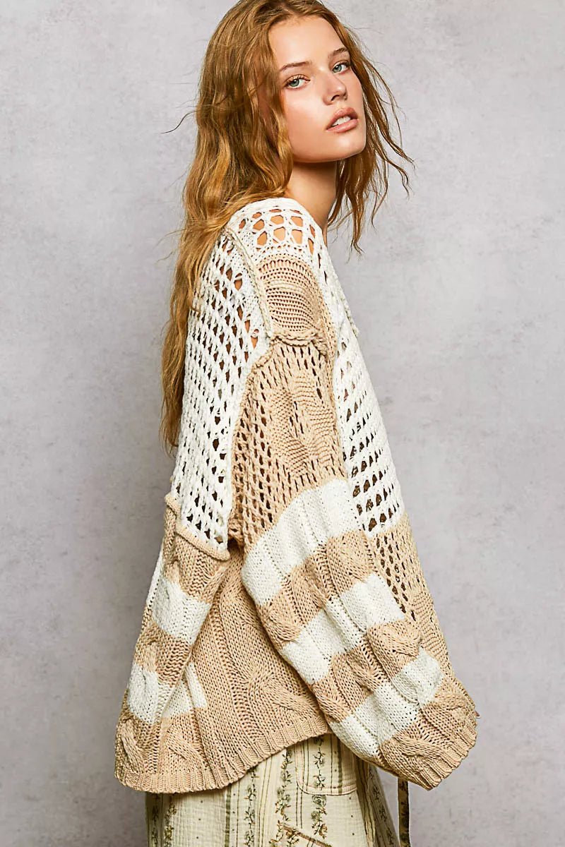 POL Color-Blocked Stripe Pattern Knit Top with Twisted Weave - Salty Season LLC