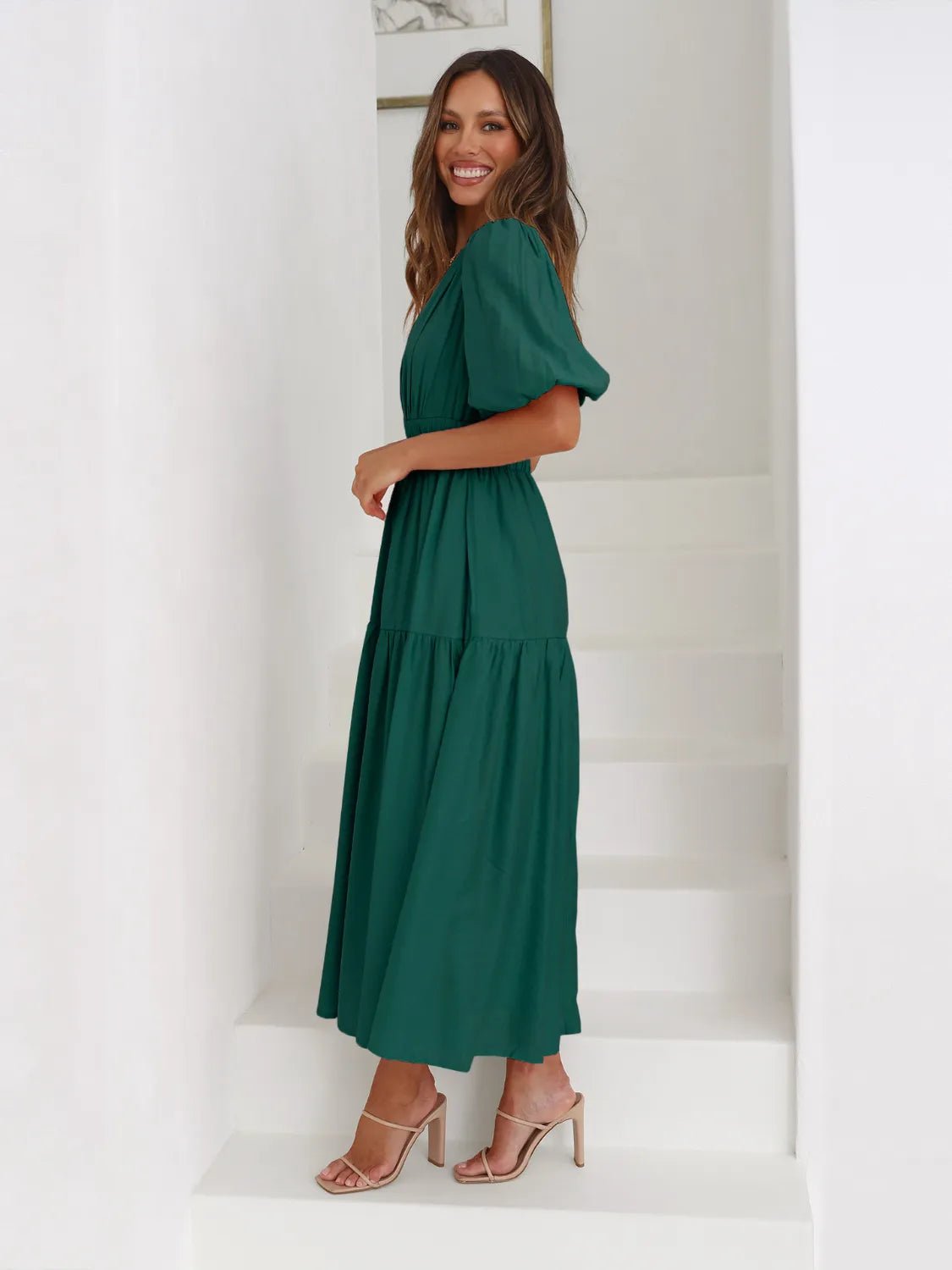 Tiered Surplice Half Sleeve Midi Dress - Salty Season LLC