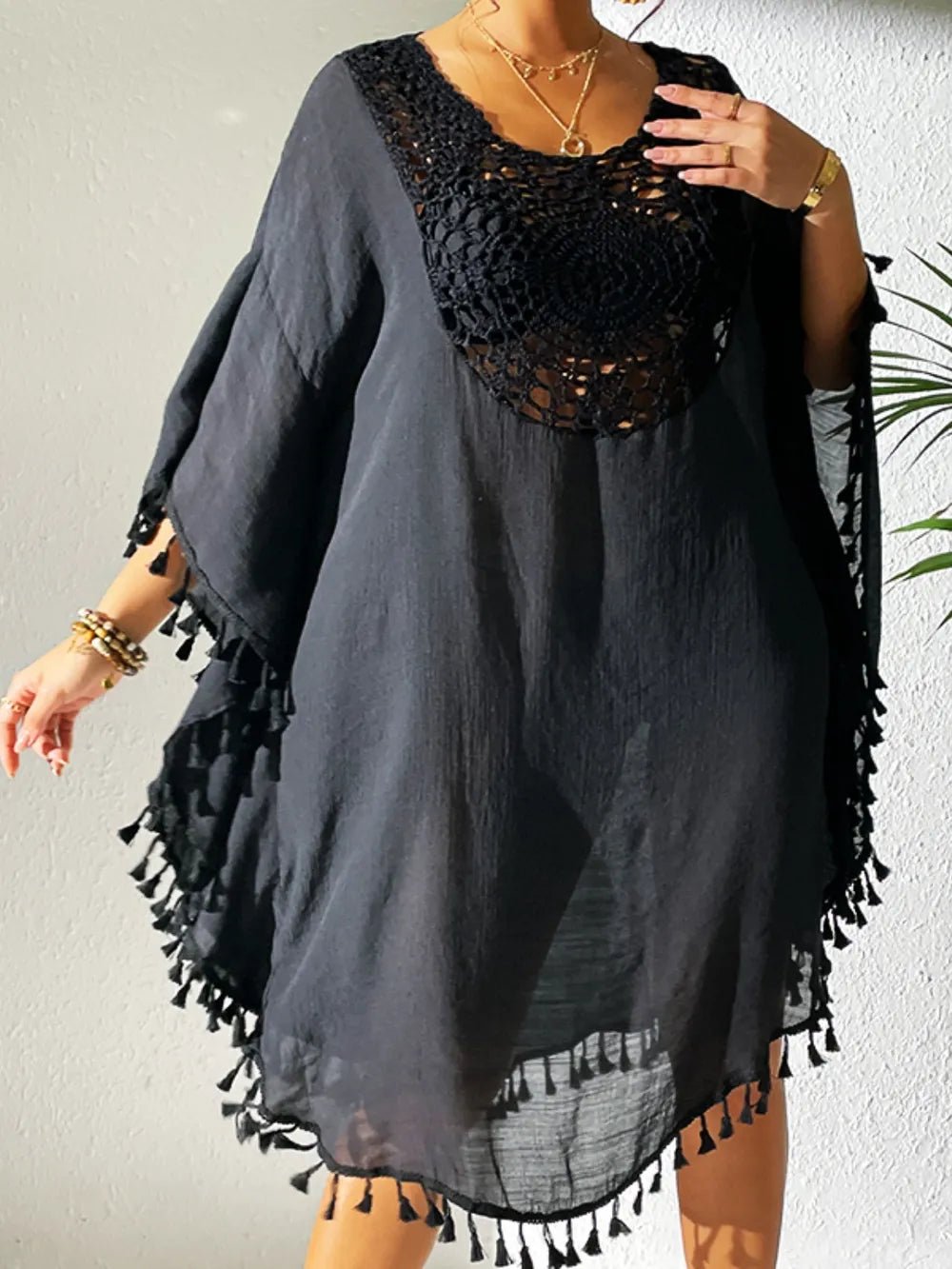Tassel Cutout Scoop Neck Cover-Up Dress - Salty Season LLC