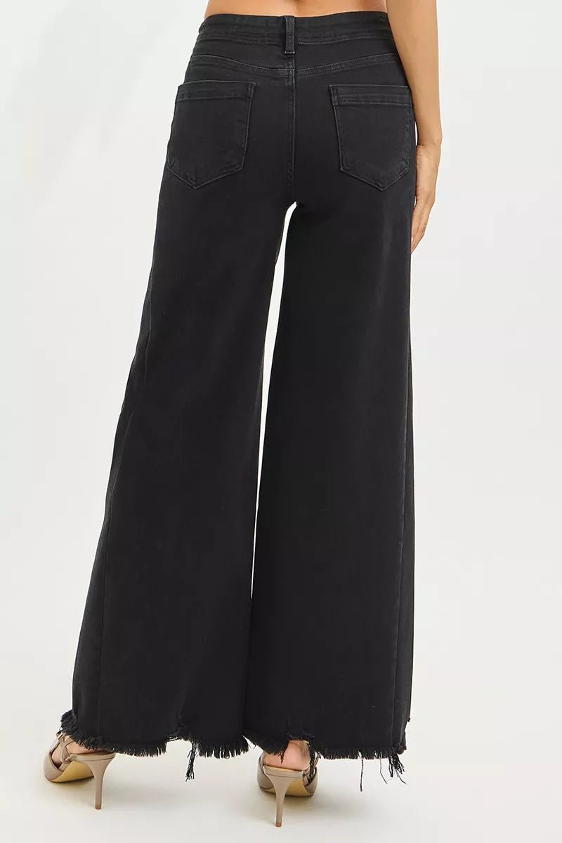 RISEN Tummy Control High Rise Palazzo Leg Frayed Hem Jeans - Salty Season LLC