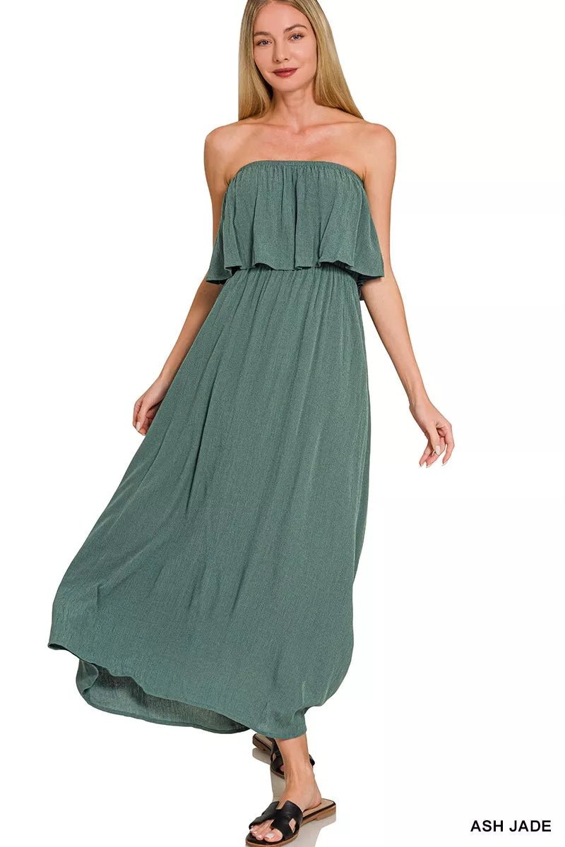 Zenana Woven Crinkle Strapless Maxi Dress - Salty Season LLC