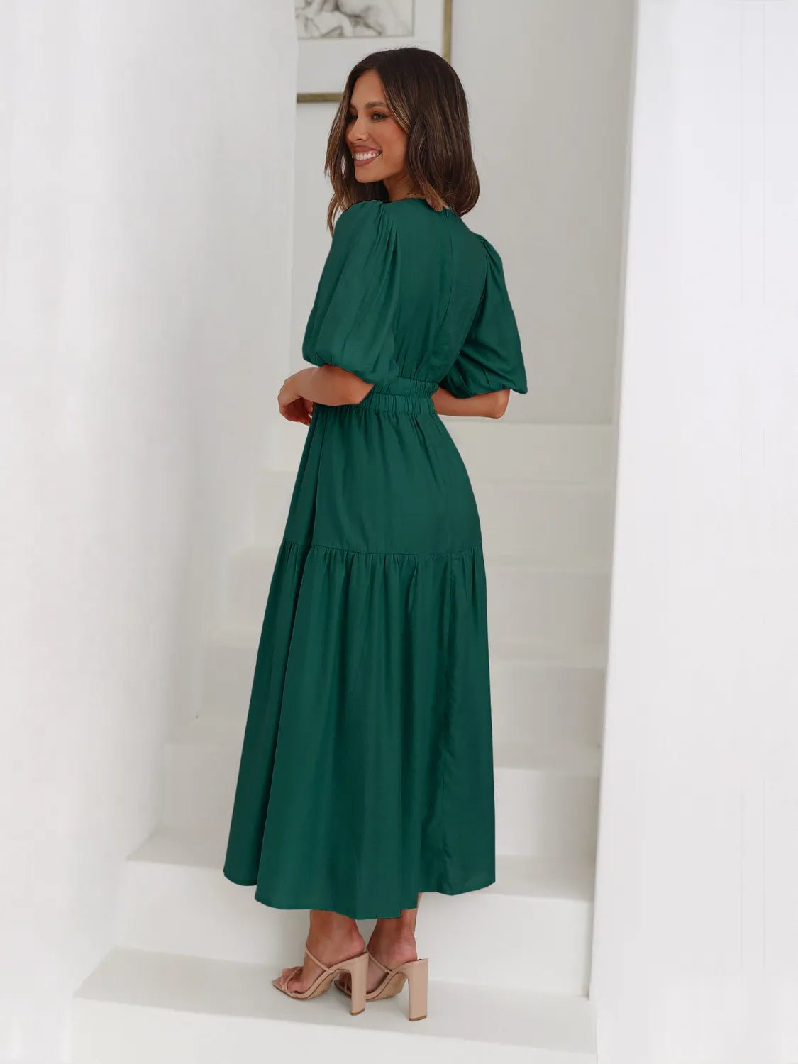 Tiered Surplice Half Sleeve Midi Dress - Salty Season LLC