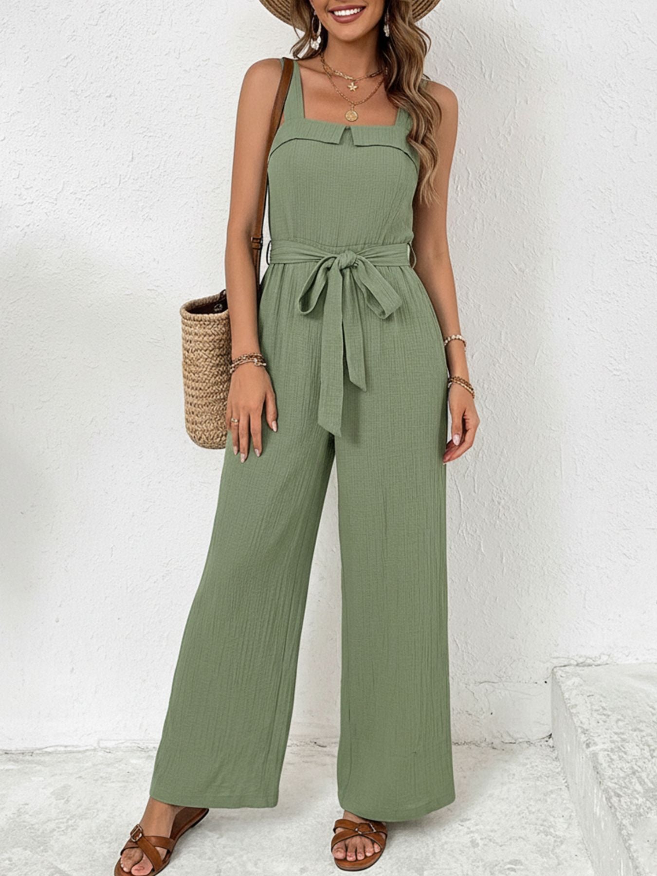 Tie Waist Wide Leg Jumpsuit - Salty Season LLC