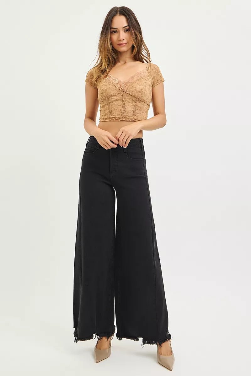 RISEN Tummy Control High Rise Palazzo Leg Frayed Hem Jeans - Salty Season LLC