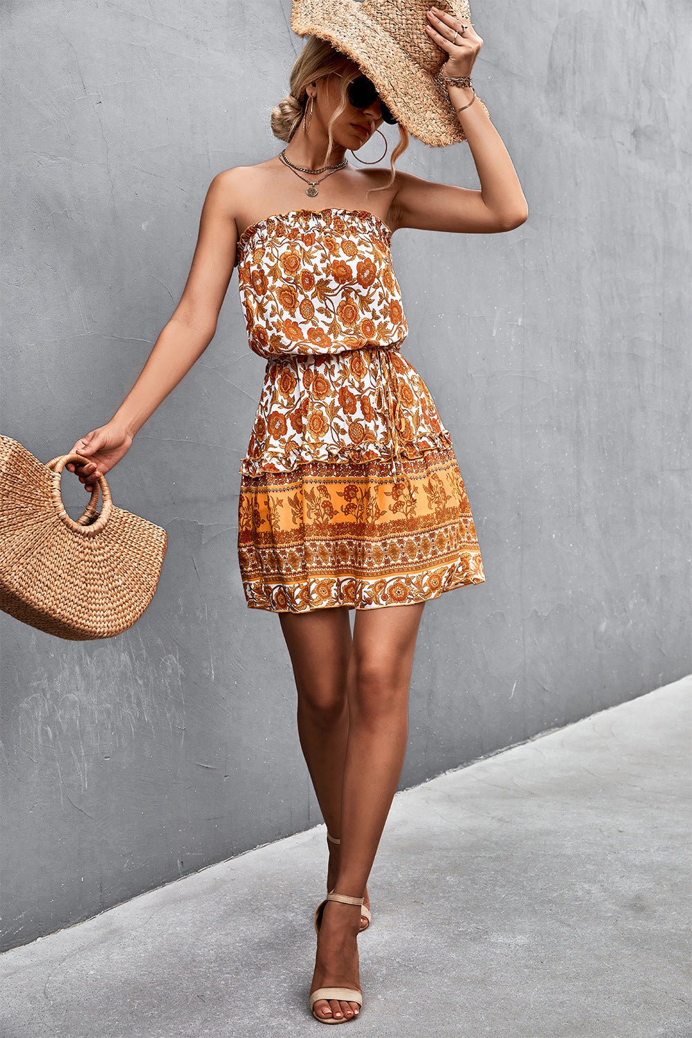 Bohemian Frill Trim Strapless Dress - Salty Season LLC
