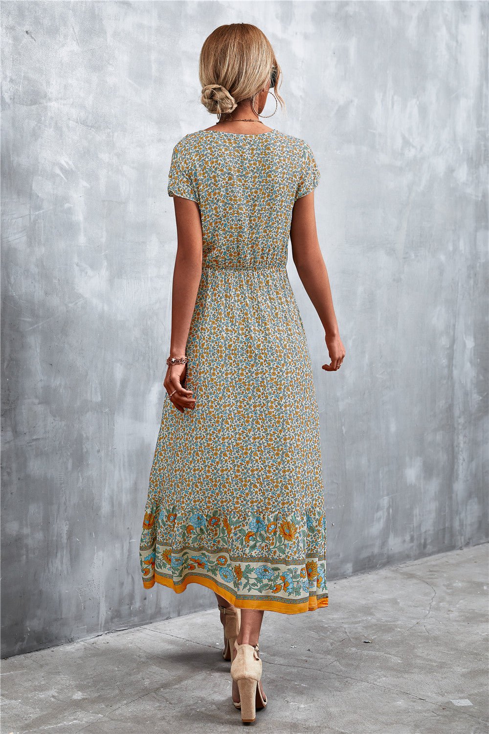 V-Neck Short Sleeve Printed Maxi Dress - Salty Season LLC