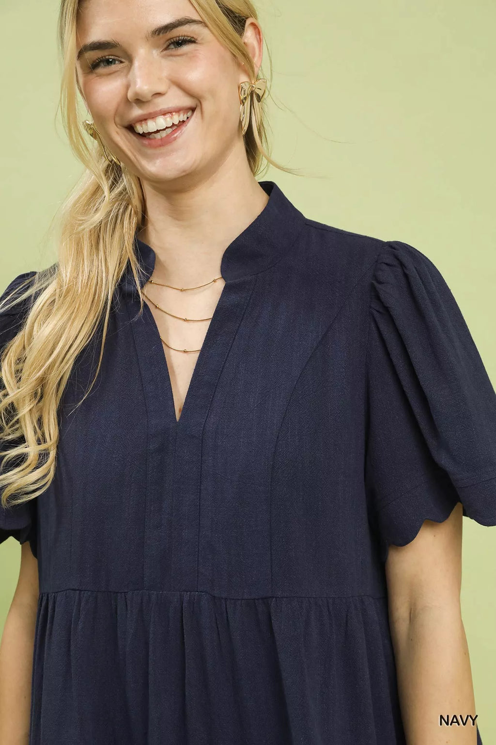 Umgee Linen Tiered Babydoll Dress with Scalloped Sleeves - Salty Season LLC