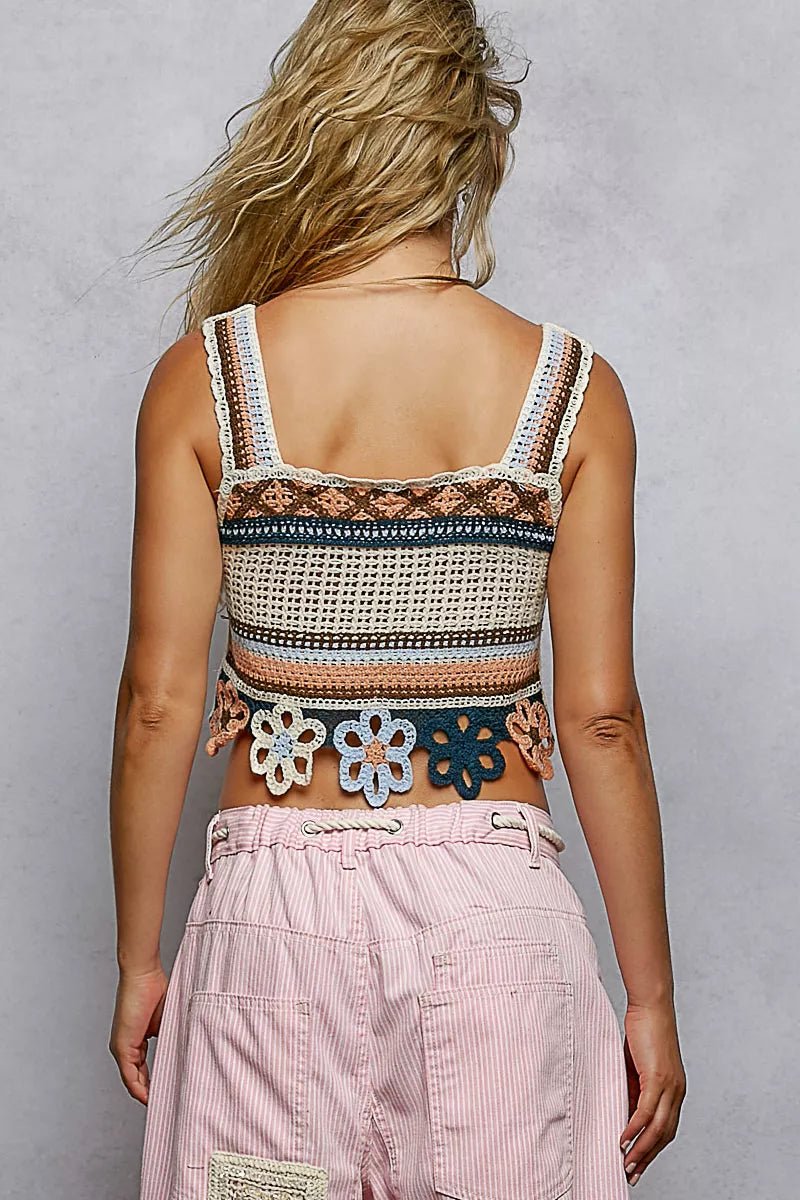 Cutout Flower Cropped Crochet Cami with with Dangle Detail - Salty Season LLC