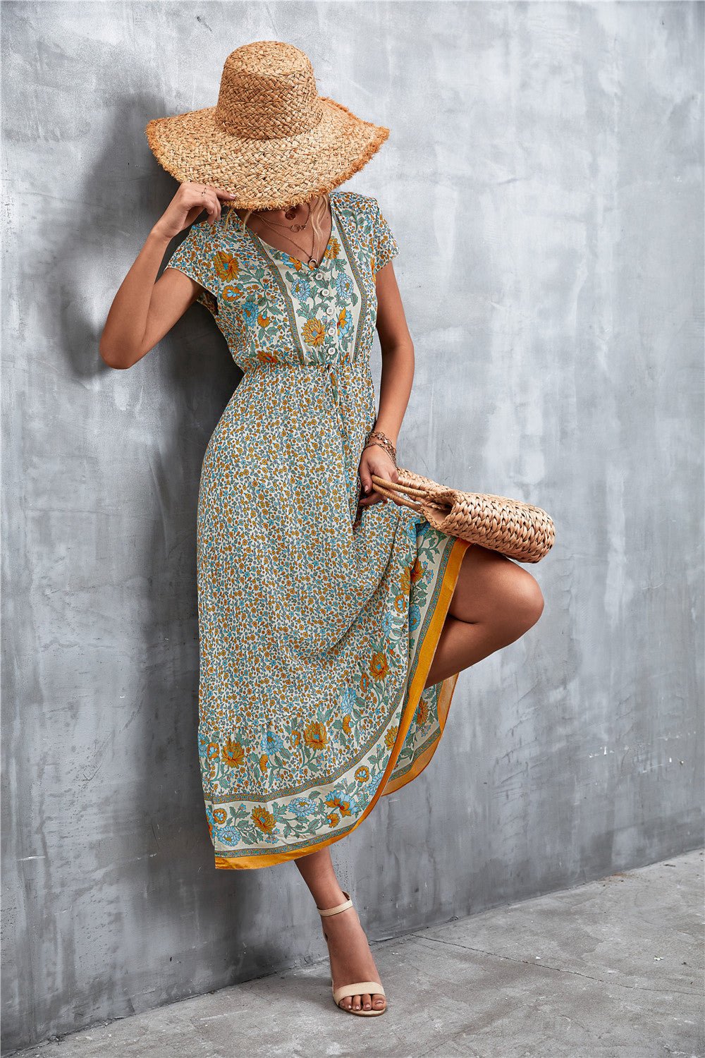 V-Neck Short Sleeve Printed Maxi Dress - Salty Season LLC