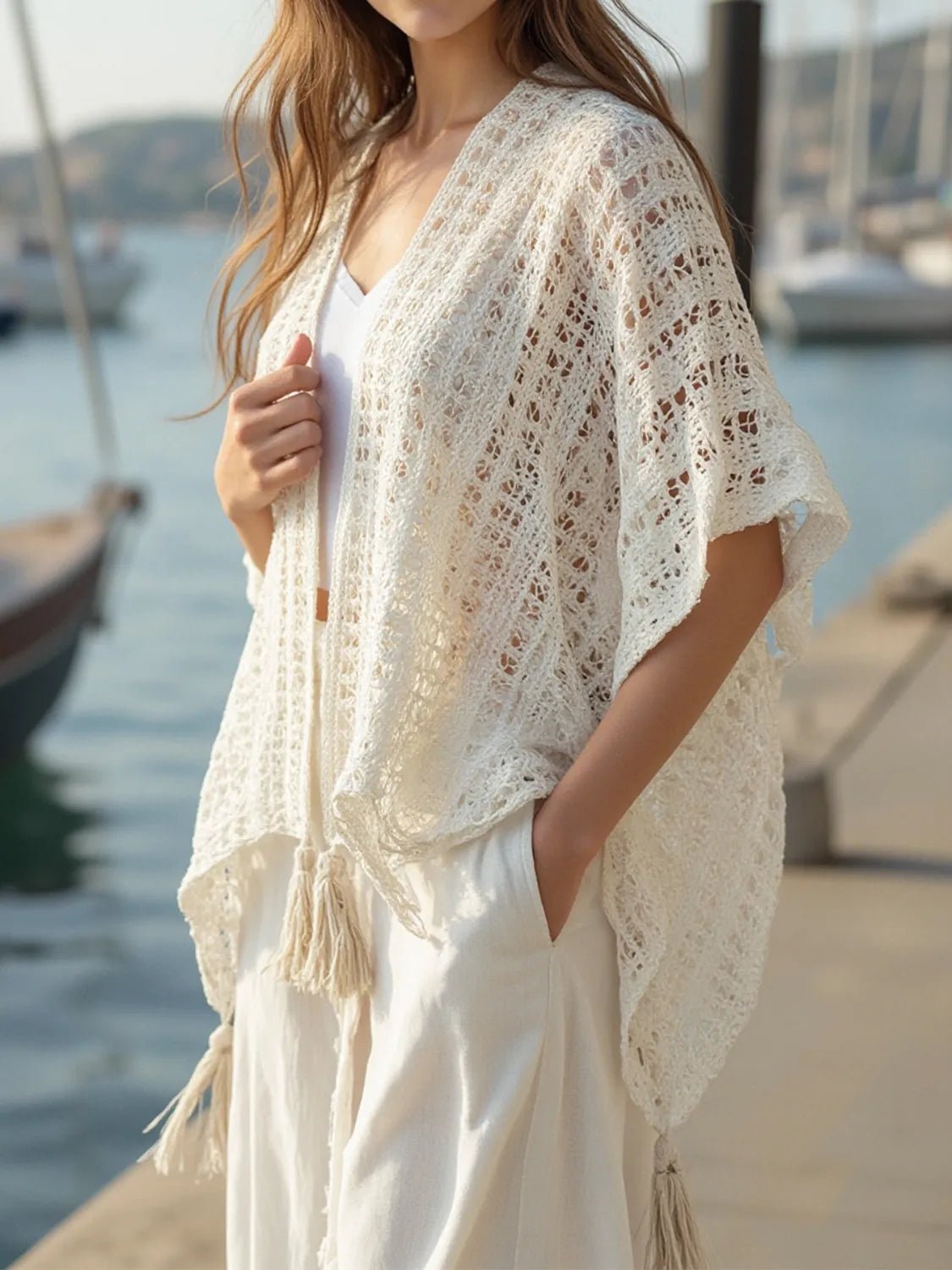 Openwork Tassel Open Front Knit Cover Up - Salty Season LLC