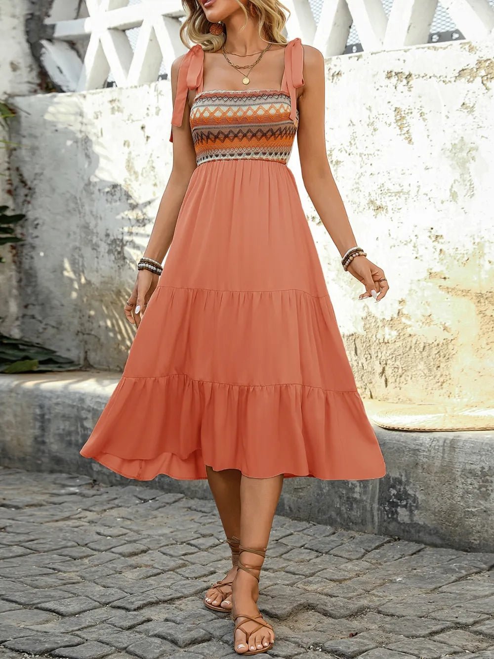 Tie Shoulder Square Neck Tiered Midi Dress - Salty Season LLC