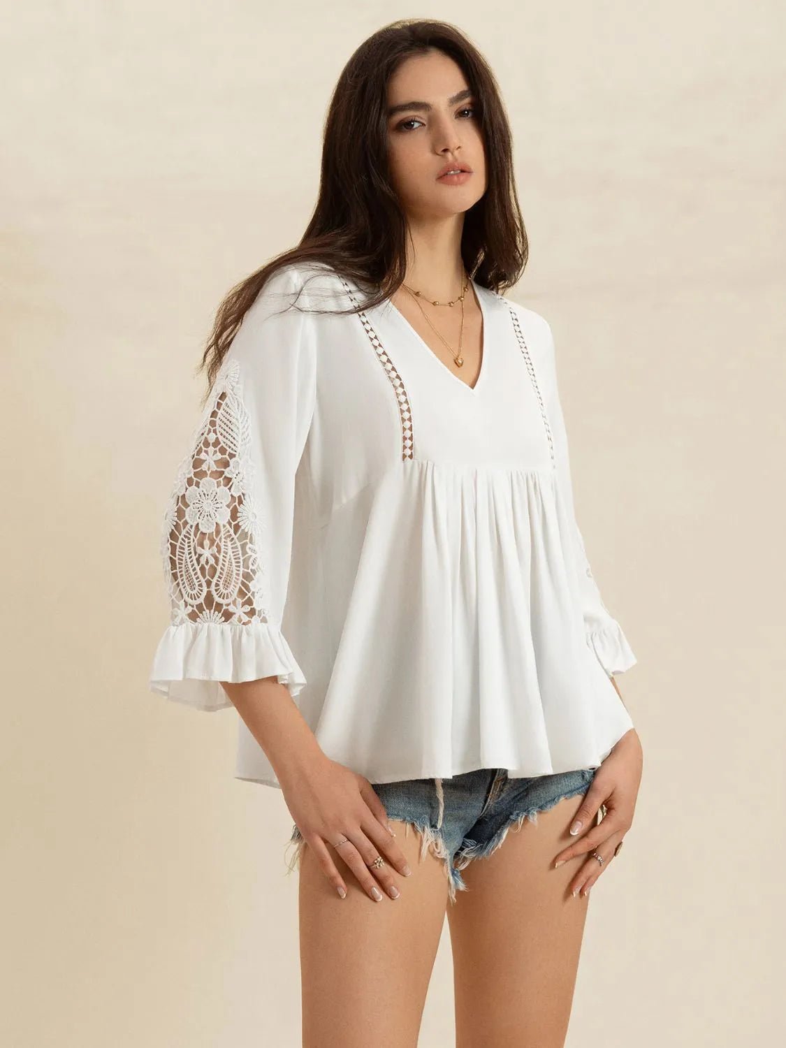 V-Neck Lace Flounce Sleeve Top - Salty Season LLC