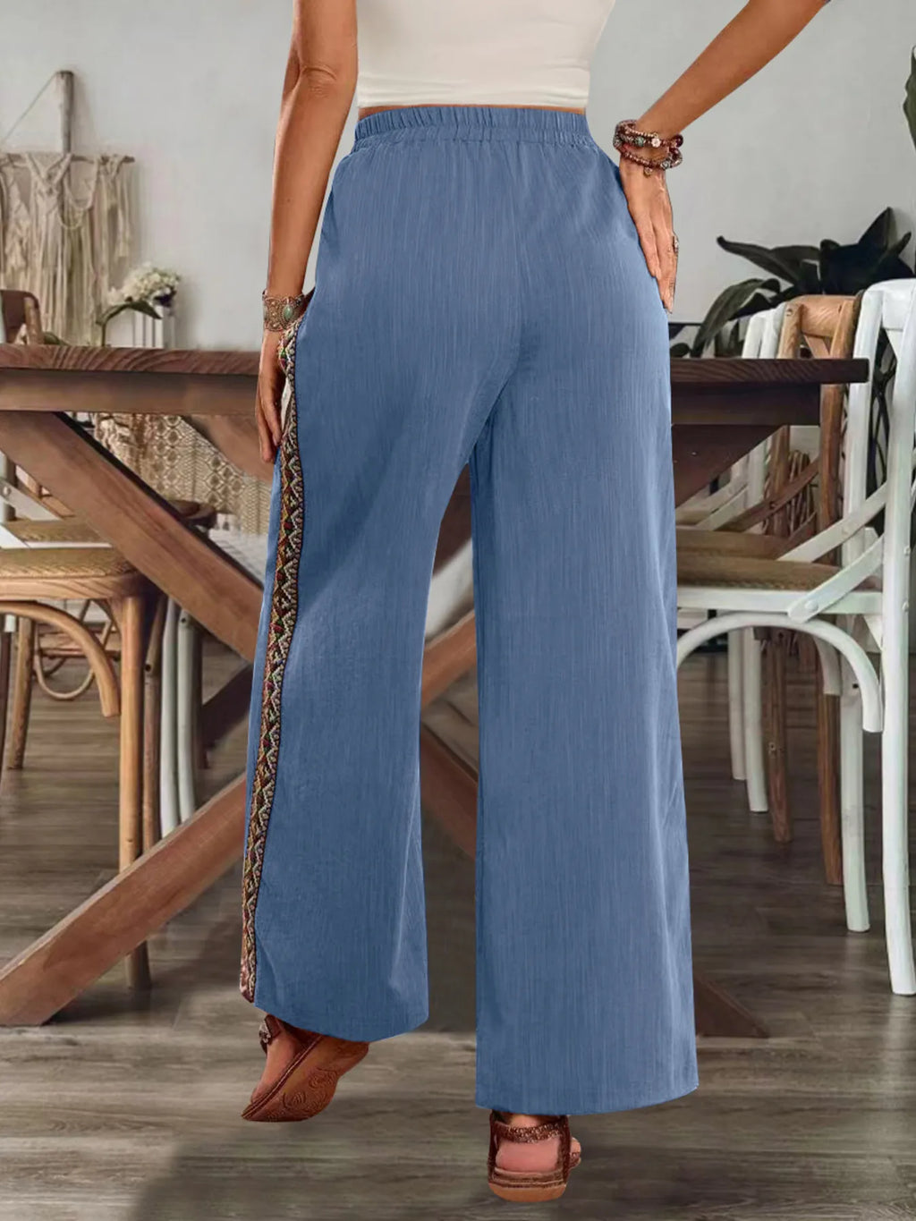 Bohemian Wide Leg Embroidered Side Stripe Pants - Salty Season LLC