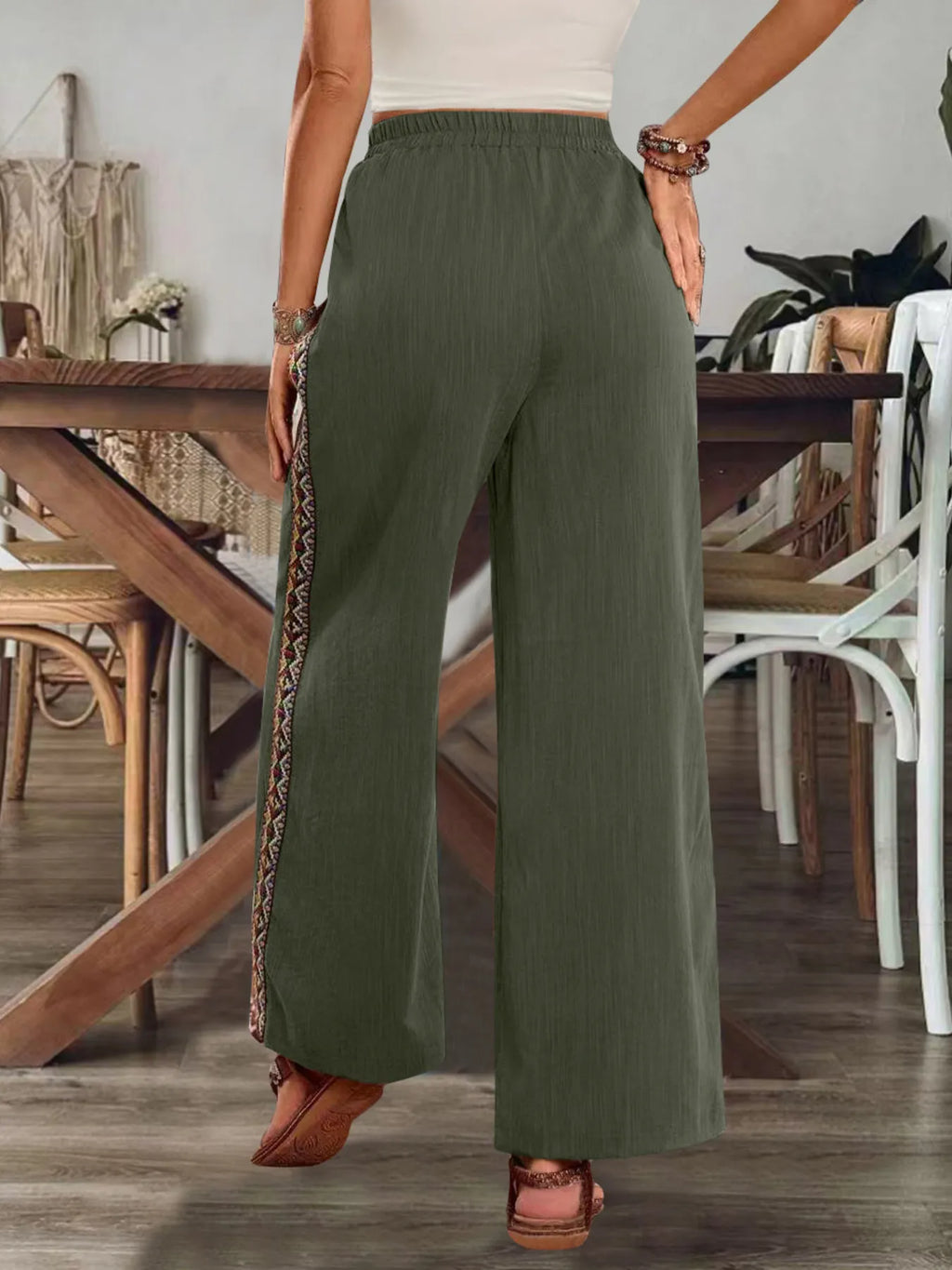 Bohemian Wide Leg Embroidered Side Stripe Pants - Salty Season LLC