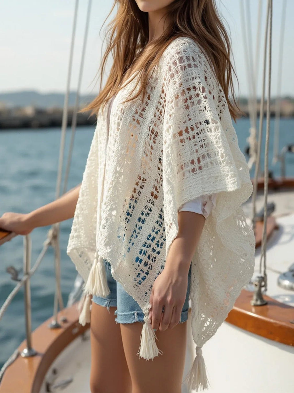 Openwork Tassel Open Front Knit Cover Up - Salty Season LLC