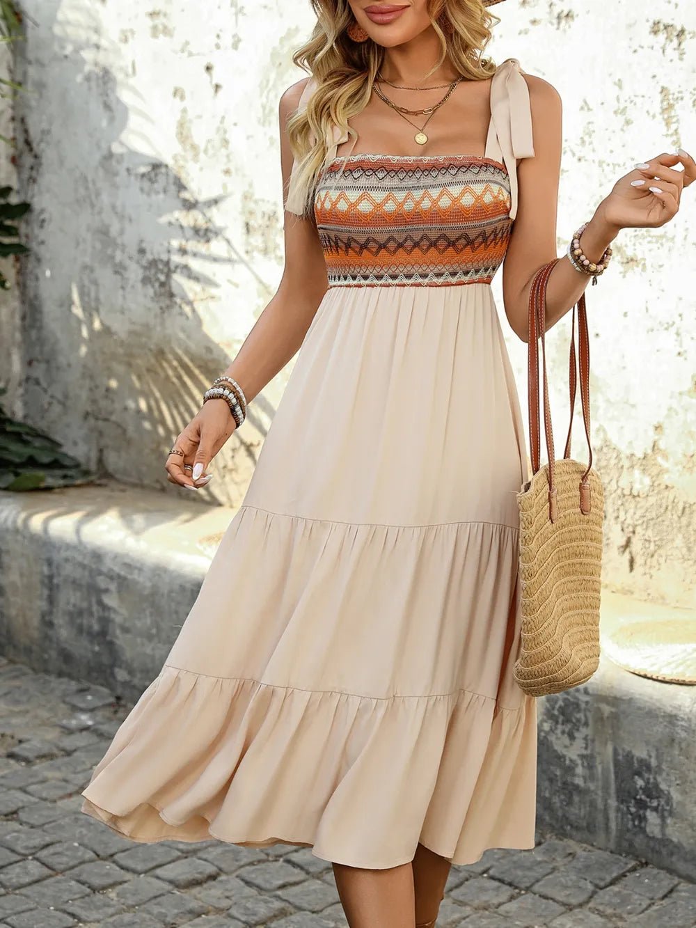 Tie Shoulder Square Neck Tiered Midi Dress - Salty Season LLC