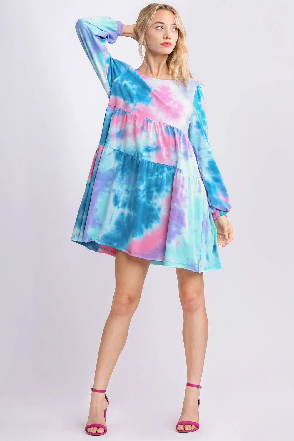 Umgee Full Size Tie Dye Round Neck Long Sleeve Babydoll Tiered Dress Plus Size - Salty Season LLC