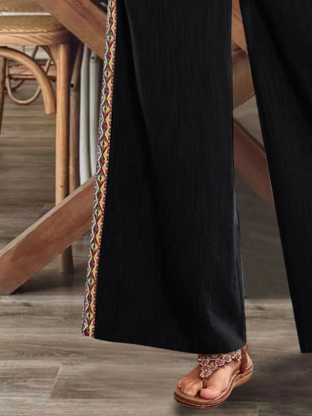 Bohemian Wide Leg Embroidered Side Stripe Pants - Salty Season LLC