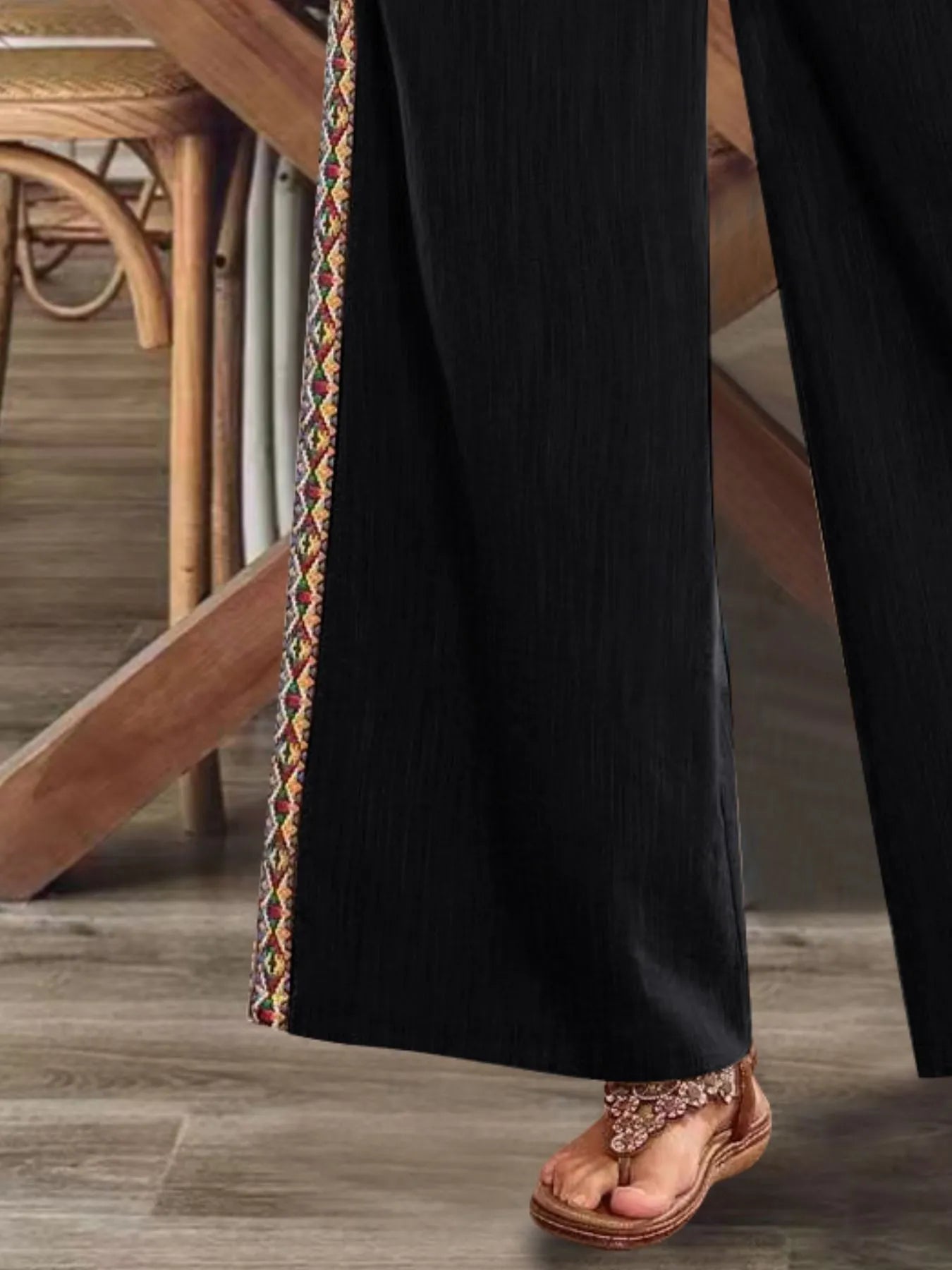 Bohemian Wide Leg Embroidered Side Stripe Pants - Salty Season LLC