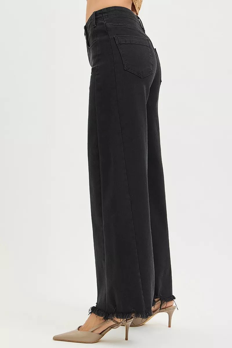 RISEN Tummy Control High Rise Palazzo Leg Frayed Hem Jeans - Salty Season LLC