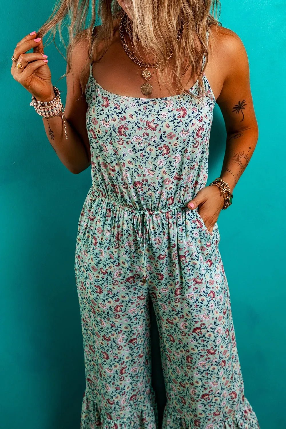 Bohemian Floral Ruffle Bottom Spaghetti Strap Jumpsuit - Salty Season LLC