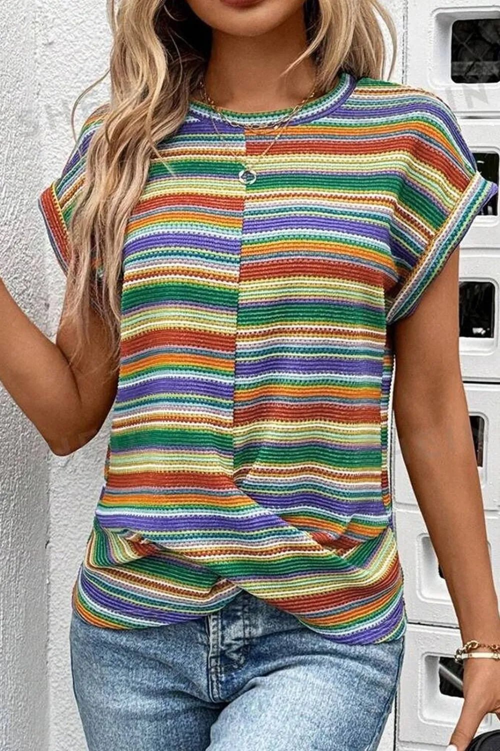 Multicolour Striped Twist Hem Cap Sleeve Top - Salty Season LLC