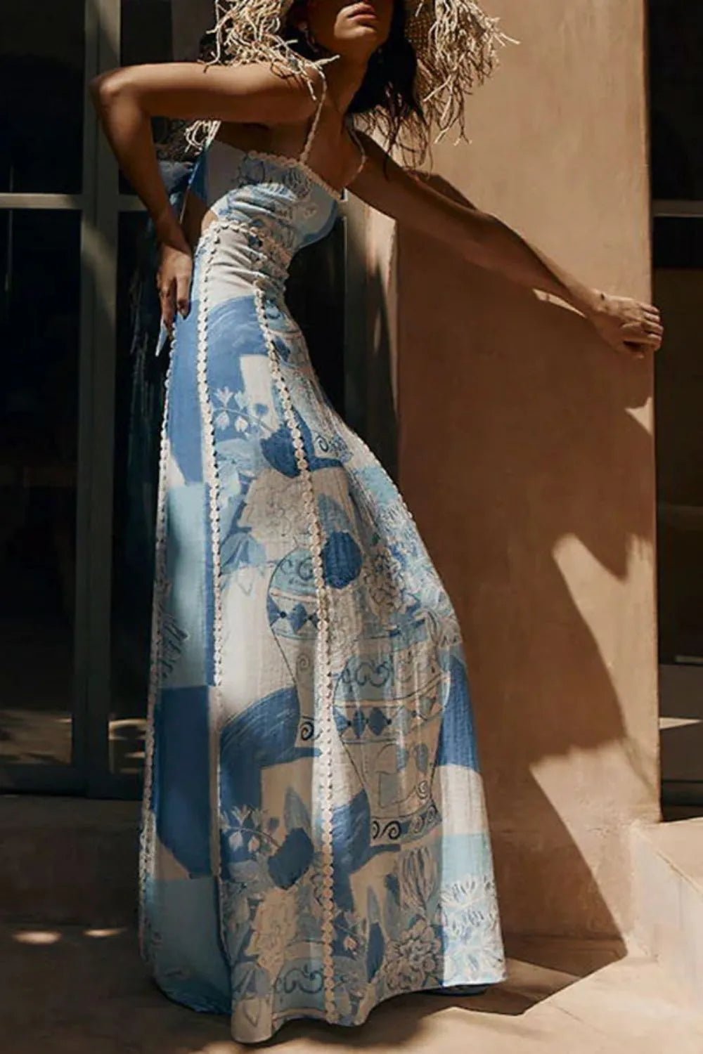 Cutout Back Printed Square Neck Maxi Dress - Salty Season LLC