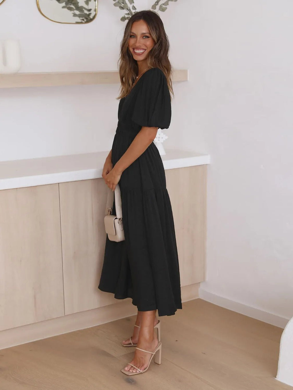 Tiered Surplice Half Sleeve Midi Dress - Salty Season LLC