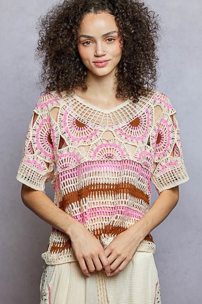 Weave Pattern Short Sleeve Crochet Top with Border Accents - Salty Season LLC