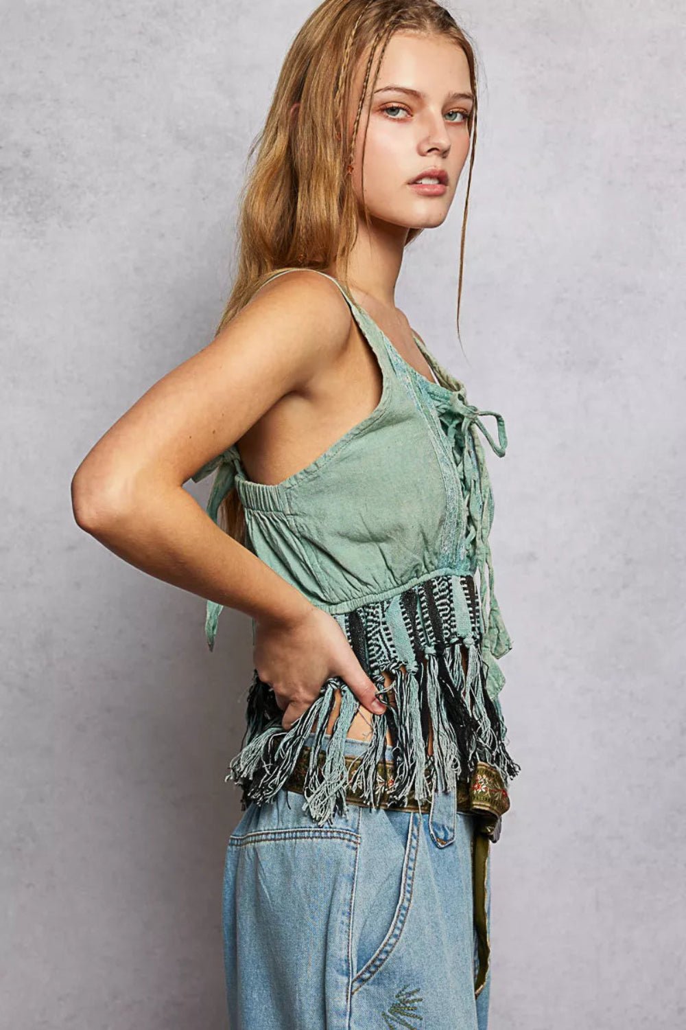 POL Lace-Up Fringe Hem Tank with Lace Detail - Salty Season LLC