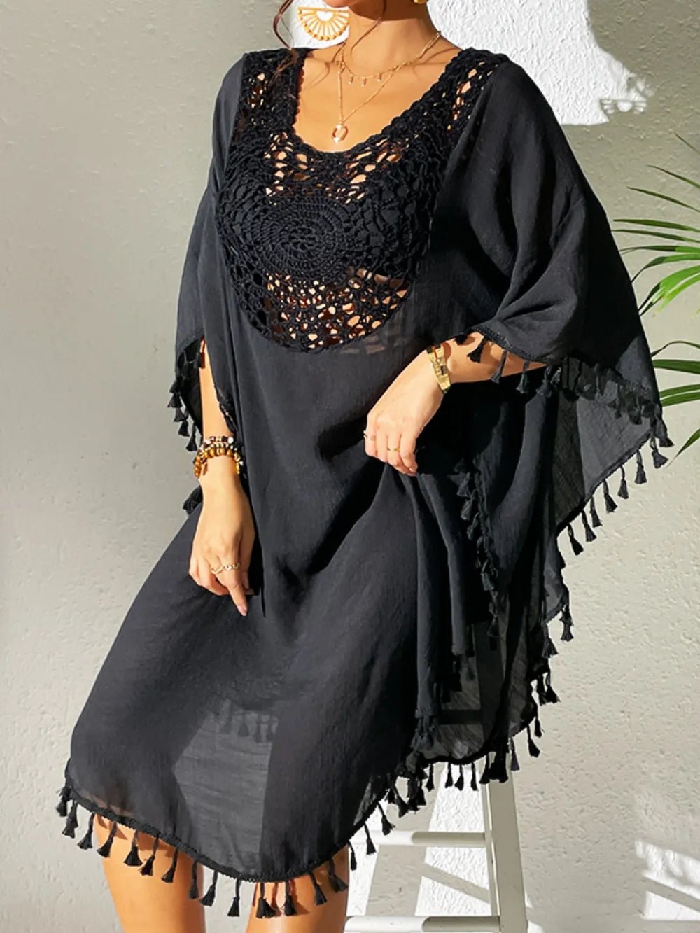 Tassel Cutout Scoop Neck Cover-Up Dress - Salty Season LLC