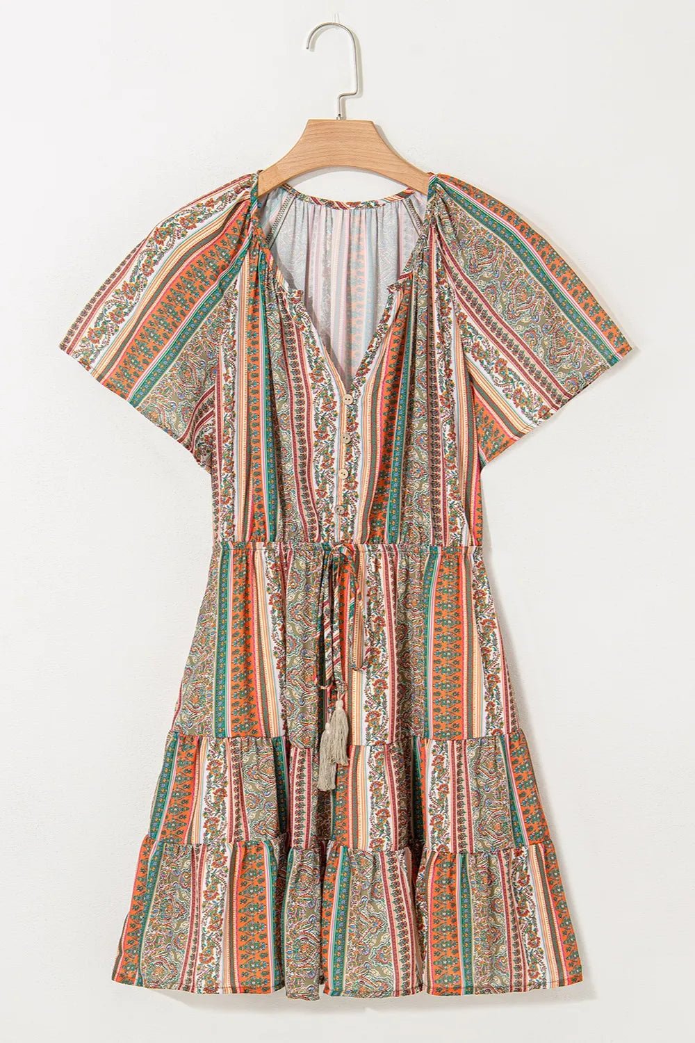 Bohemian Floral Print Buttoned V Neck Ruffle Tiered Dress - Salty Season LLC