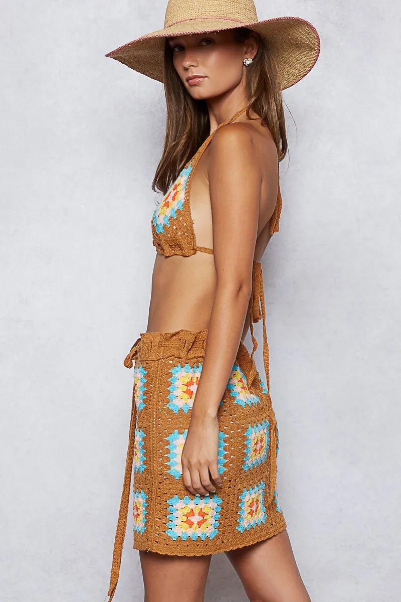 POL Crochet Halter Neck Cami and Skirt Sweater Set - Salty Season LLC