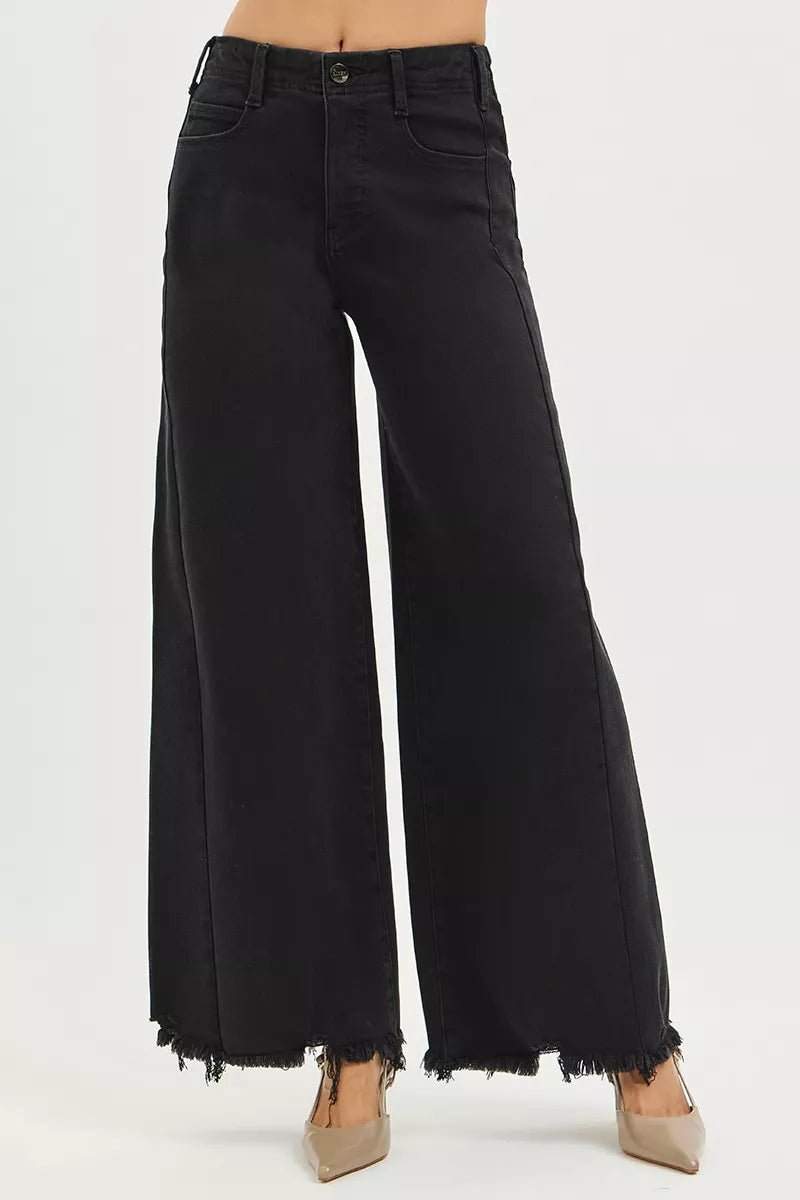 RISEN Tummy Control High Rise Palazzo Leg Frayed Hem Jeans - Salty Season LLC