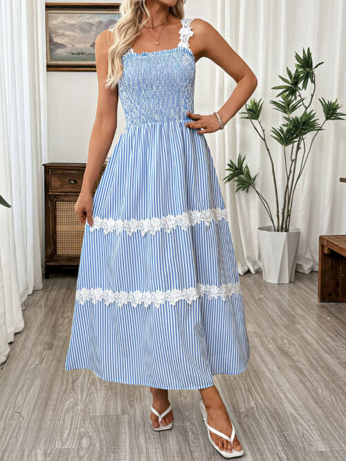Striped Smocked Lace Trim Midi Dress - Salty Season LLC