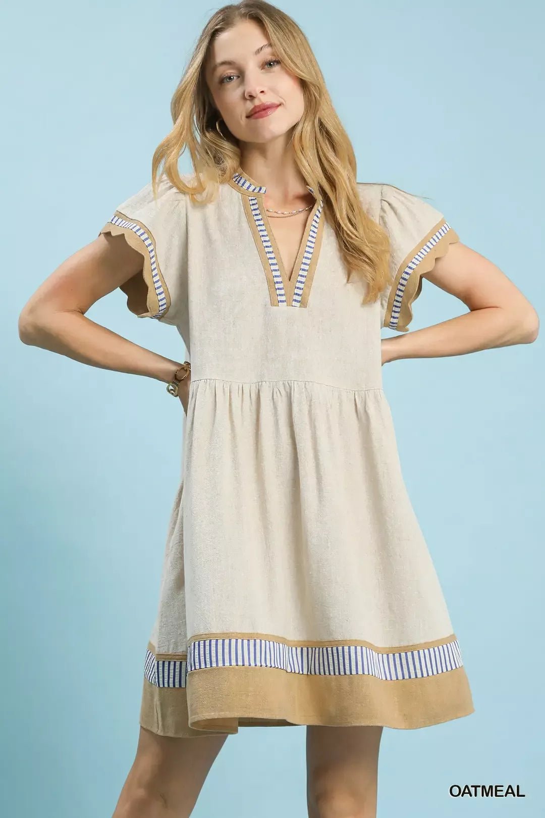 Umgee Linen Color Block Flutter Sleeve Dress - Salty Season LLC