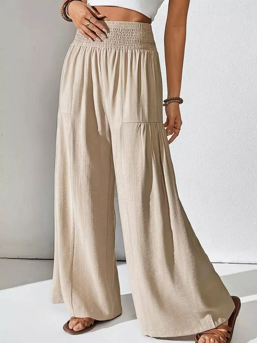 Beige Smocked Waist Wide Leg Pants white wall