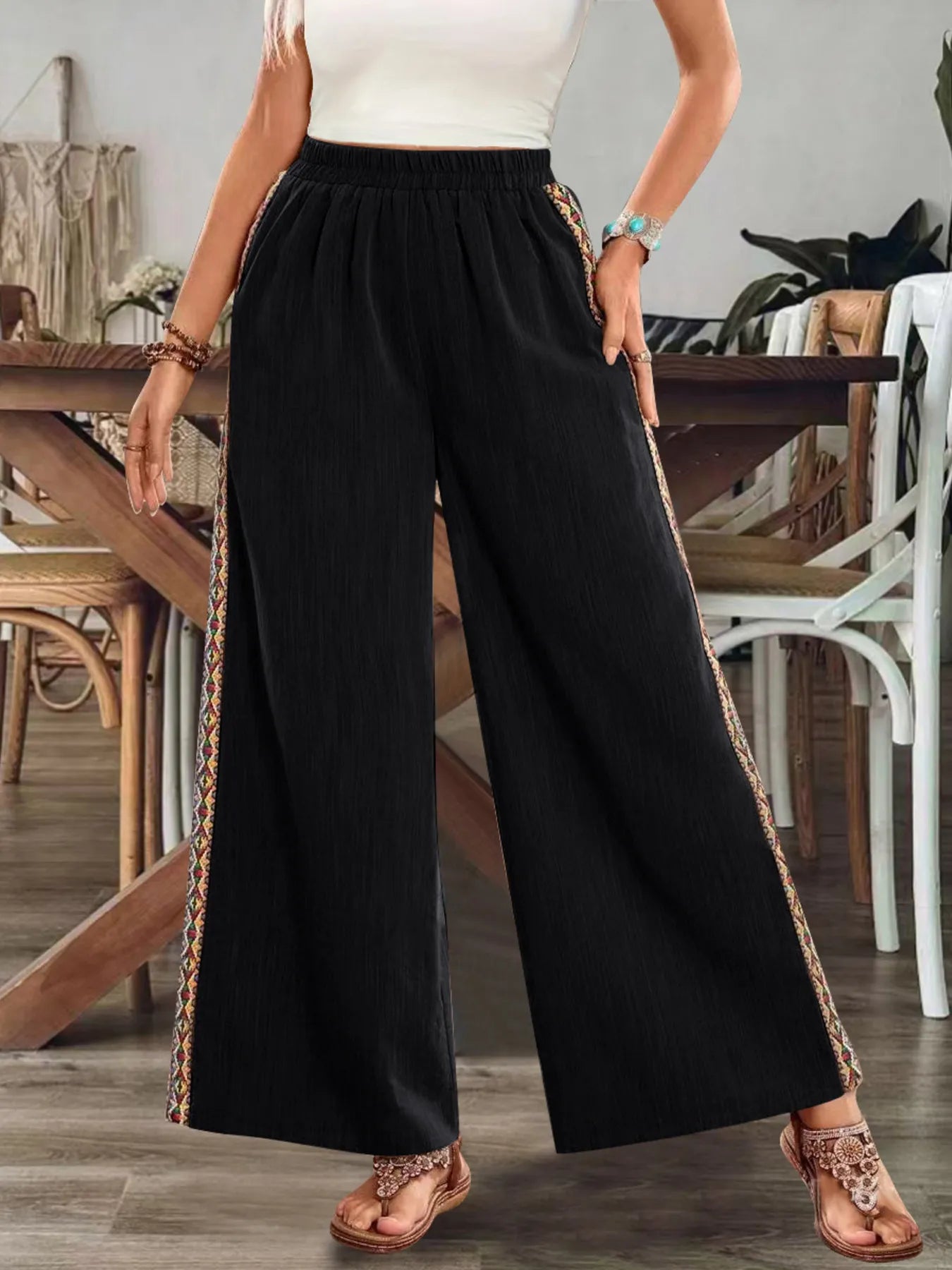 Bohemian Wide Leg Embroidered Side Stripe Pants - Salty Season LLC