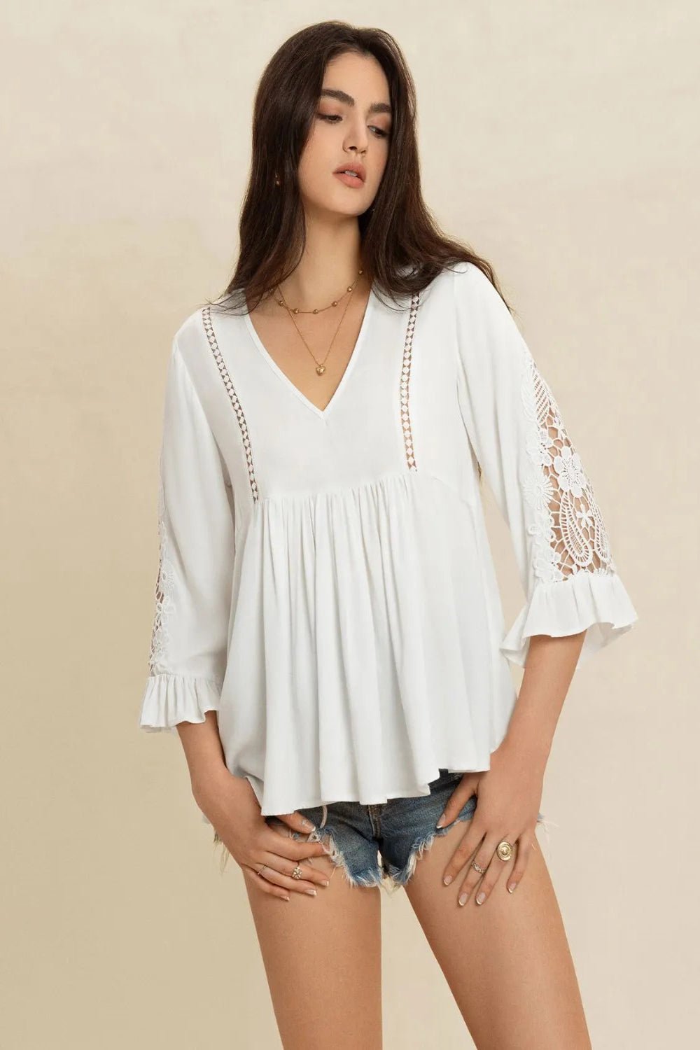 V-Neck Lace Flounce Sleeve Top - Salty Season LLC