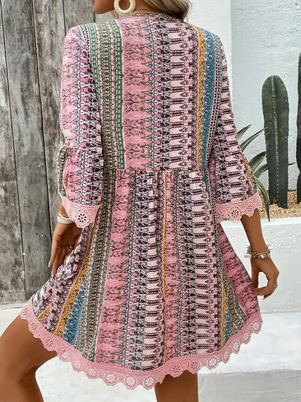 Lace Trim Printed V-Neck 3/4 Sleeve Dress - Salty Season LLC