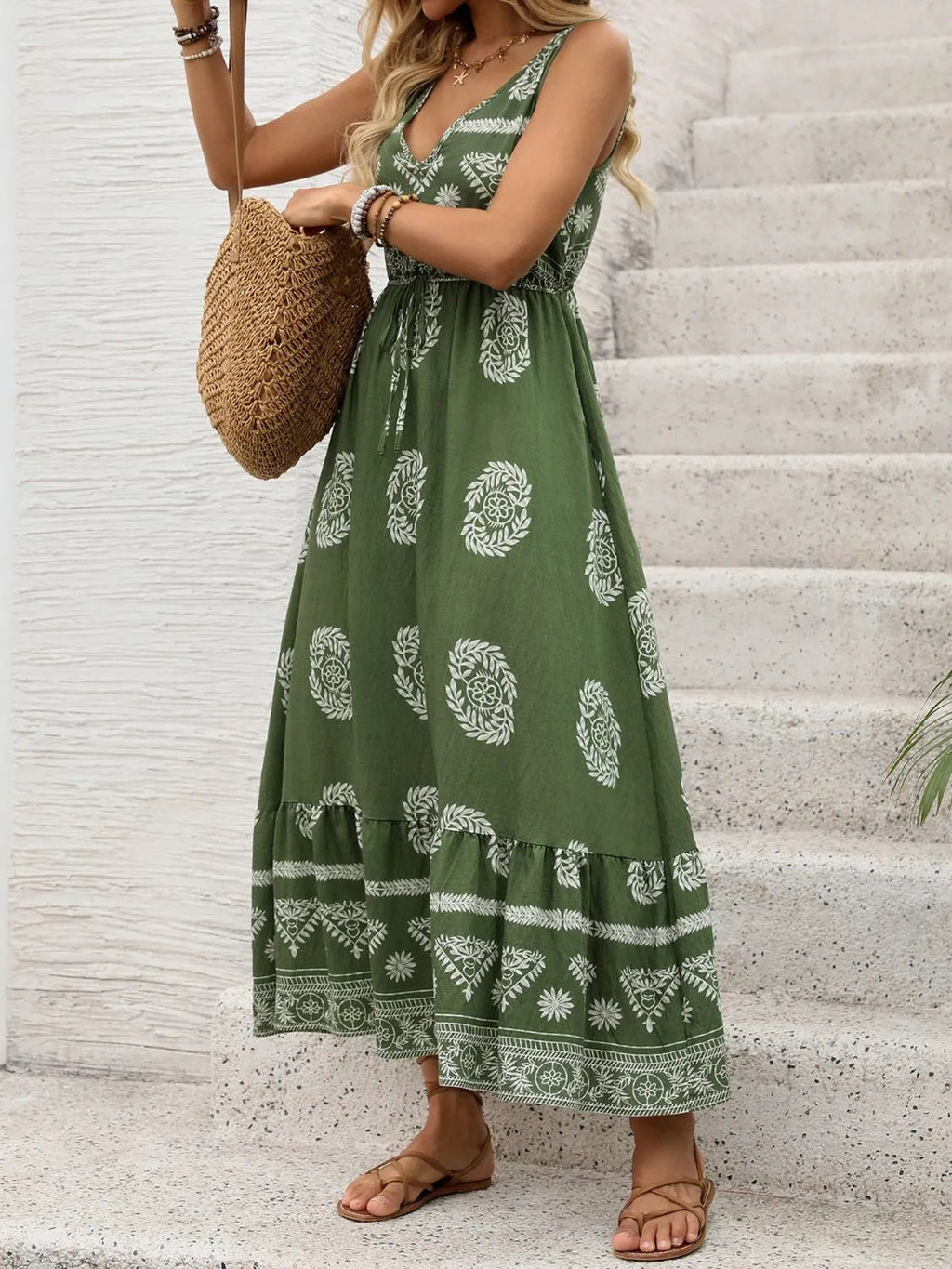 Printed V-Neck Sleeveless Dress - Salty Season LLC