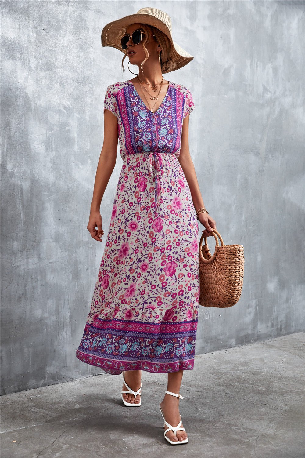 V-Neck Short Sleeve Printed Maxi Dress - Salty Season LLC