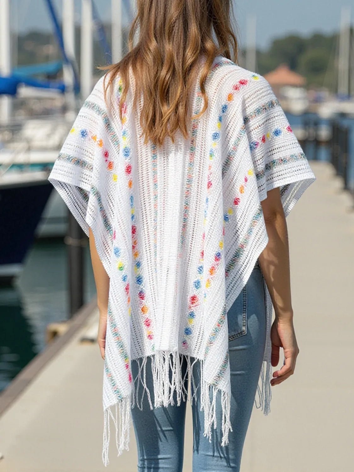 Openwork Fringe Open Front Knit Cape - Salty Season LLC
