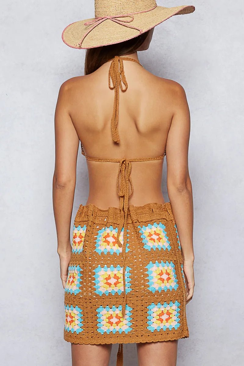 POL Crochet Halter Neck Cami and Skirt Sweater Set - Salty Season LLC