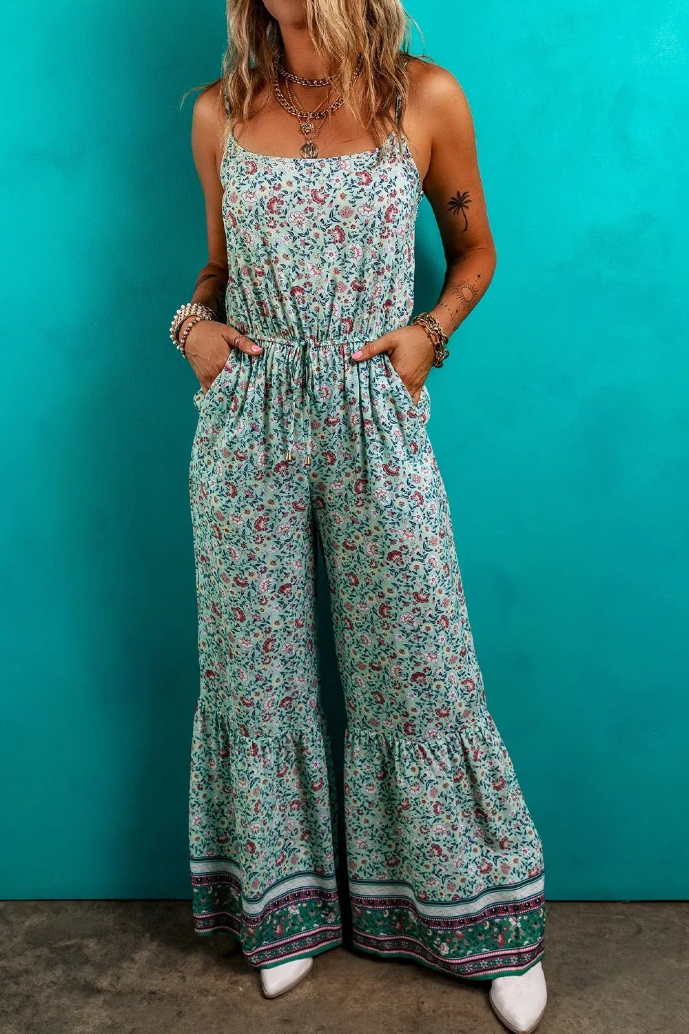 Bohemian Floral Ruffle Bottom Spaghetti Strap Jumpsuit - Salty Season LLC