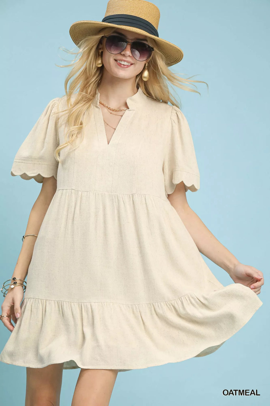 Umgee Linen Tiered Babydoll Dress with Scalloped Sleeves and hat blue background - Salty Season