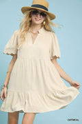 Umgee Linen Tiered Babydoll Dress with Scalloped Sleeves and hat blue background - Salty Season