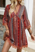 Lace Trim Printed V-Neck 3/4 Sleeve Dress - Salty Season LLC